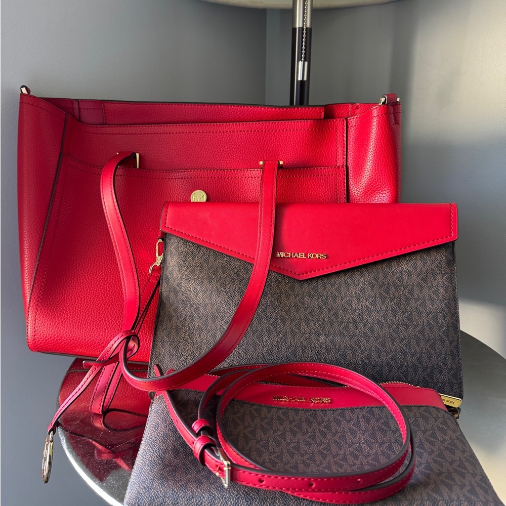 Michael Kors Red and Brown Logo Tote with Matching Crossbody Set. 3 in 1 Tote